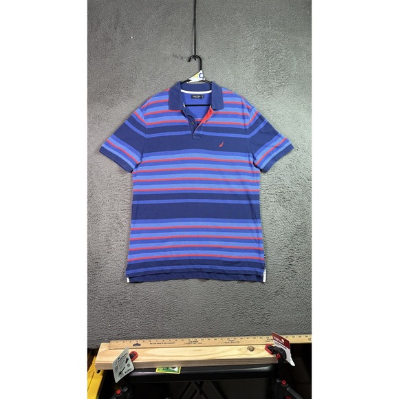 Nautica Polo Shirt Mens‎ Large Blue Red Striped Sail Logo Classic Short Sleeve - Picture 1 of 9